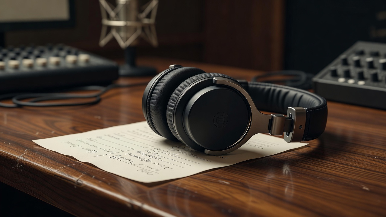 Close-up of studio headphones resting on a wooden desk beside a cue sheet