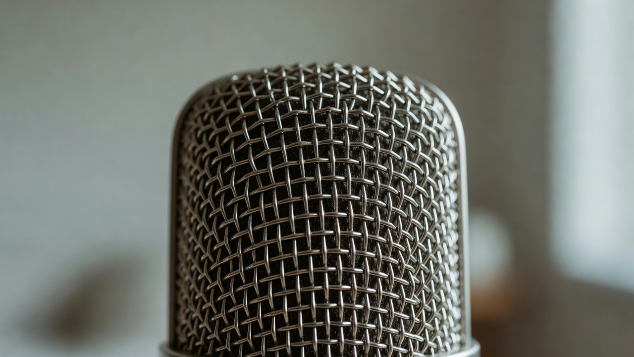 Macro view of a condenser microphone grille in a quiet room with soft daylight