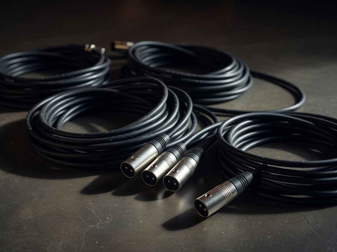 Close-up of XLR connectors and cables plugged into a studio patch panel
