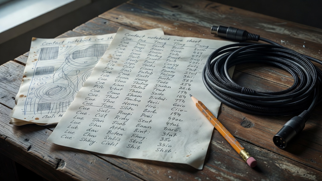 Close-up of a handwritten sound cue sheet and pencil beside a coiled microphone cable