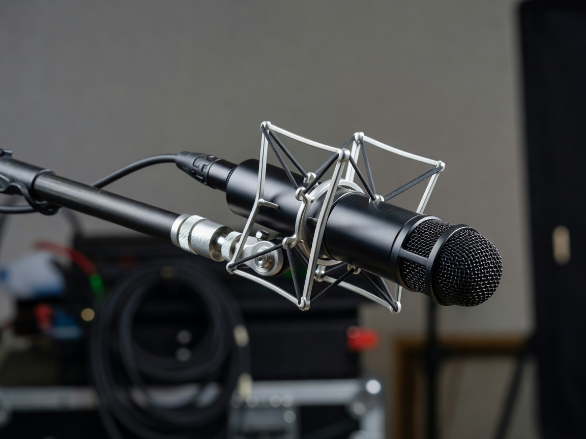 Close detail of a shotgun microphone in a shock mount on the end of a boom pole