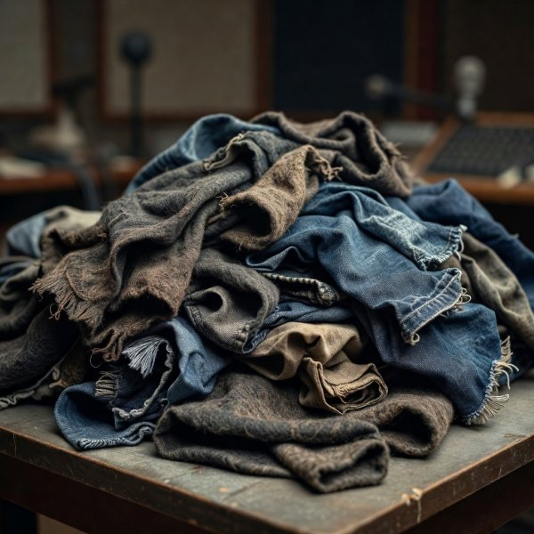 Shallow-focus detail of wool and denim fabrics piled on a Foley stage table