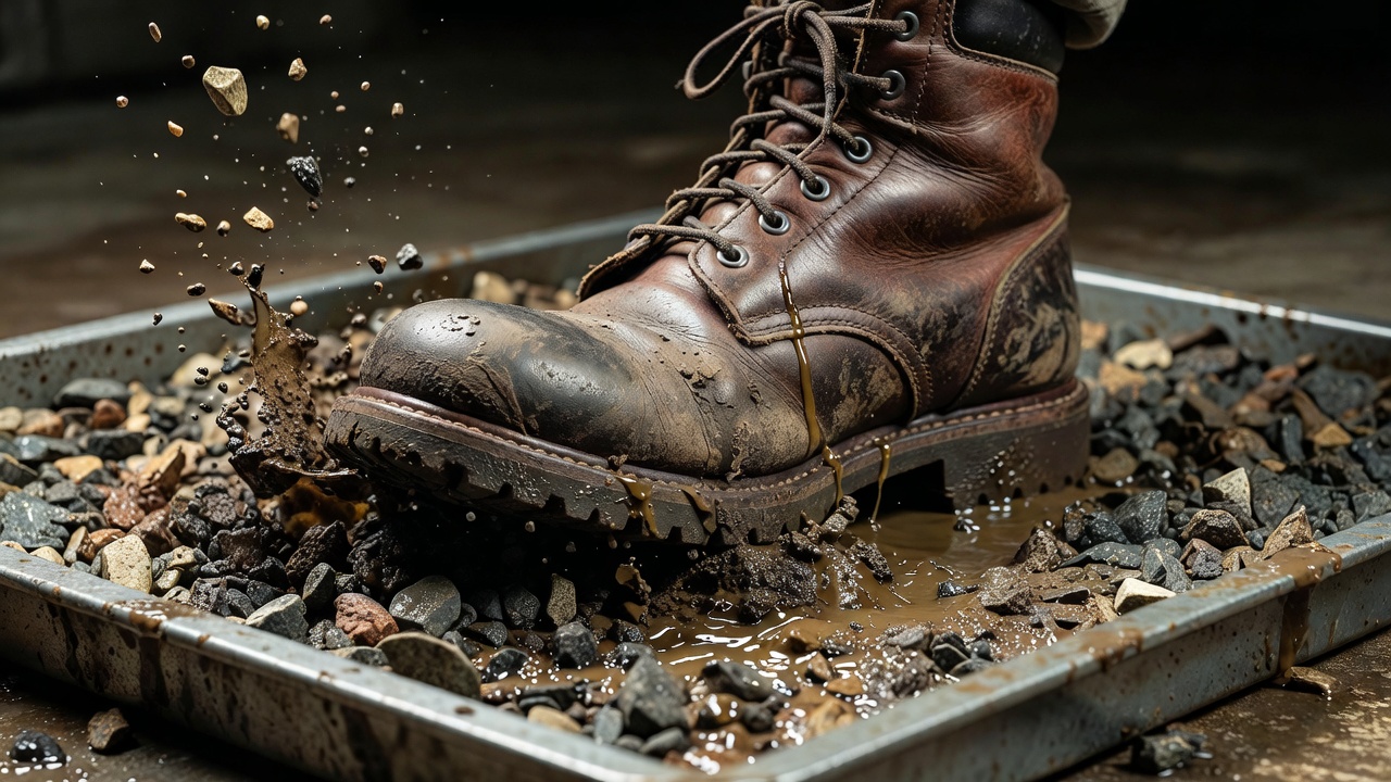 Close-up of a worn boot stepping into a Foley tray of wet gravel