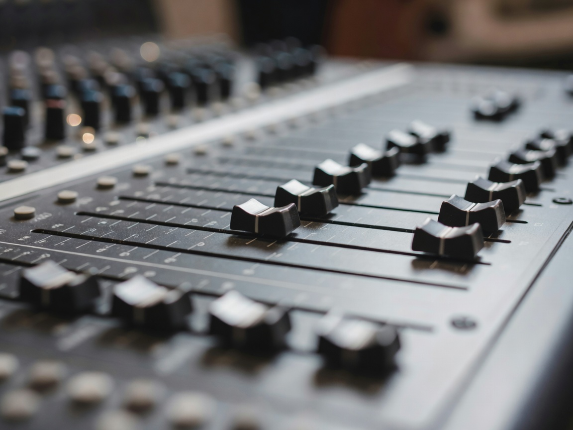 Shallow depth-of-field close-up of mixing console faders under warm studio light